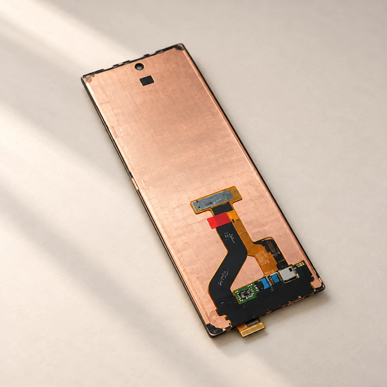 Face-down frameless Samsung OLED display with exposed copper backing and flex circuitry